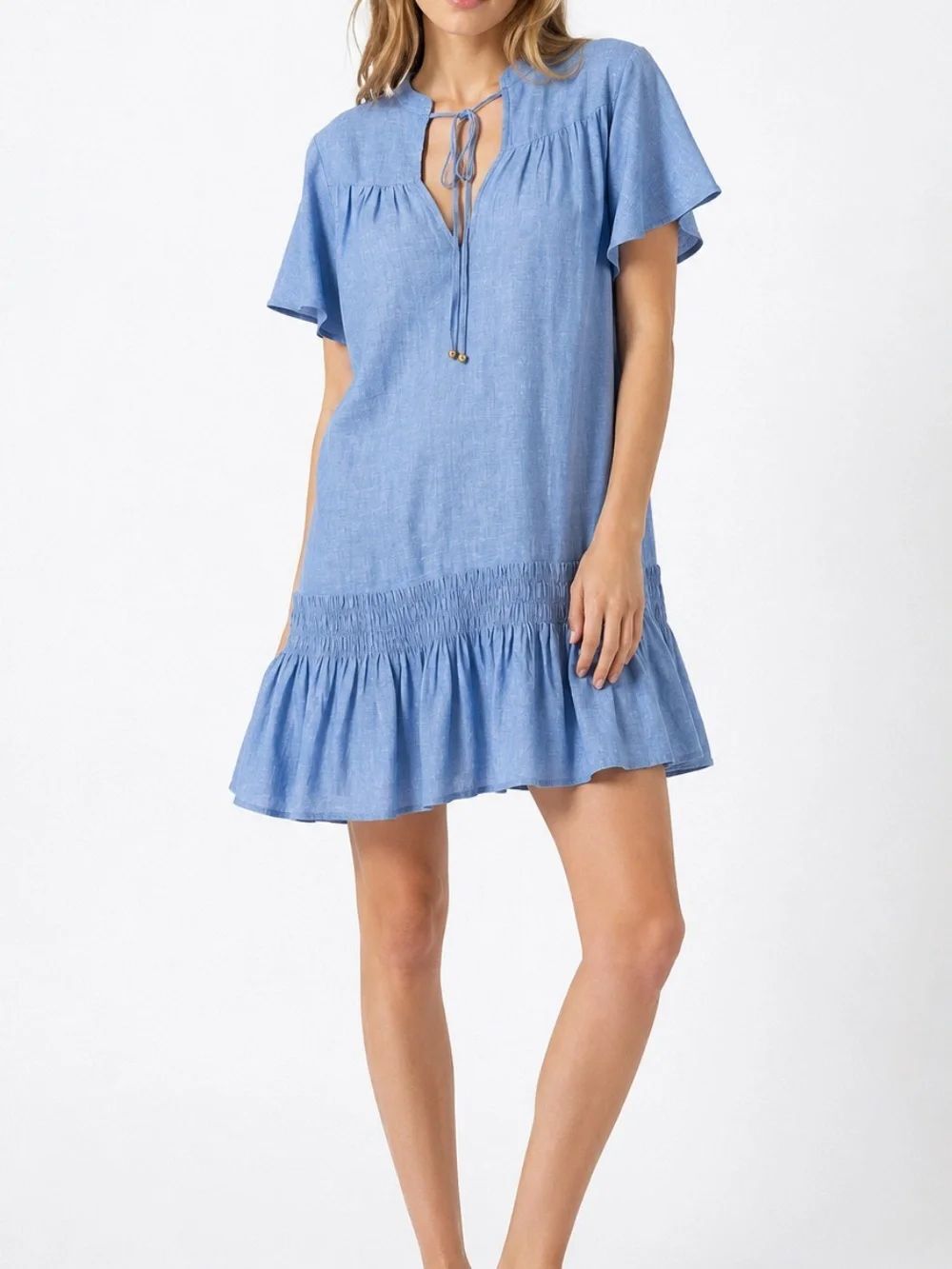 Oliphant 100% Linen Mini Dress in Sky Blue - Tie Neck Flutter Sleeve Ruffle Hem